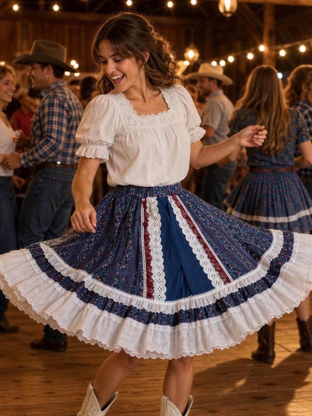 Vintage 70s-80s Fun & Fancy Originals Square Dance Lace Tiered Prairie Skirt MED